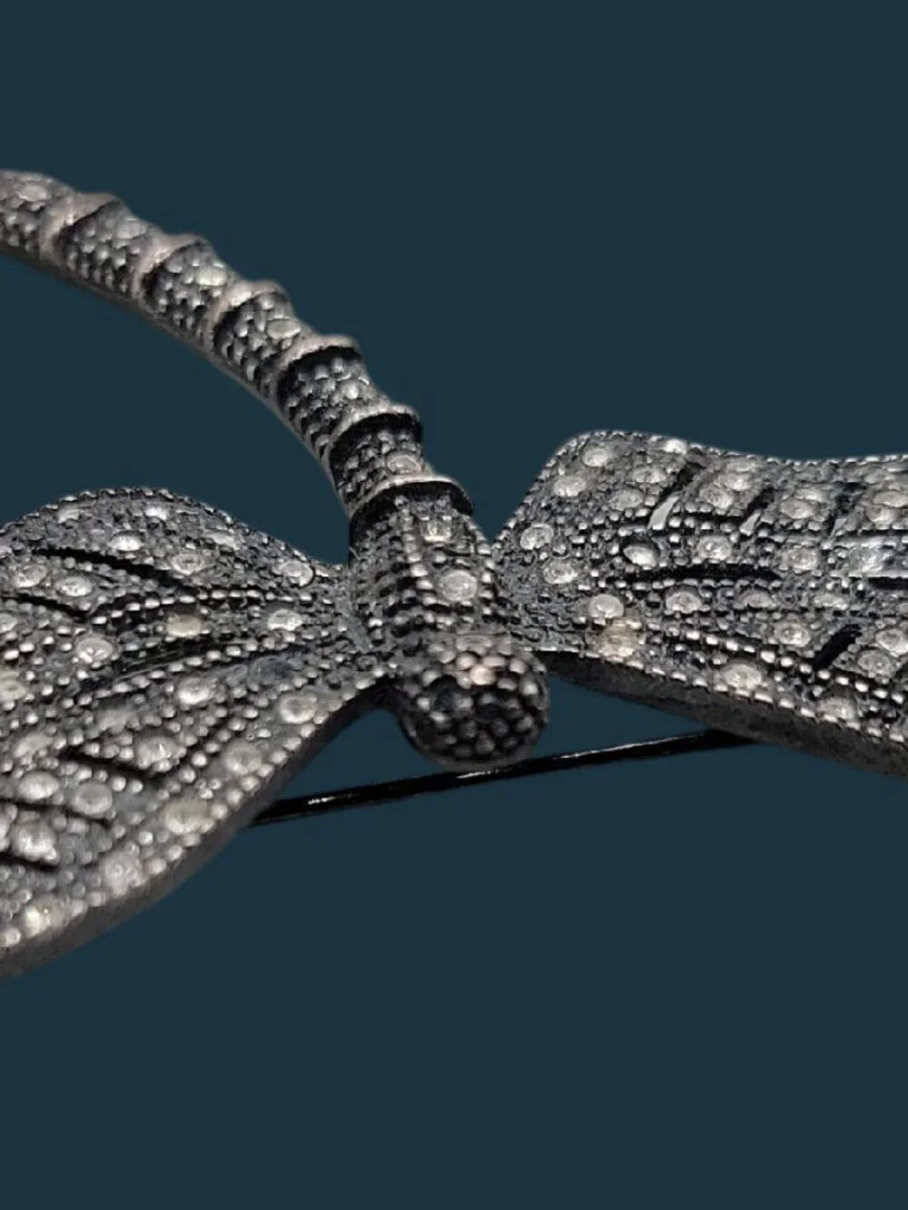 Vintage Art Deco Silvertone Marcasite Rhinestone Dragonfly Brooch Black Metal